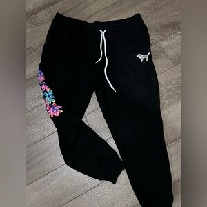 PINK Victoria's Secret Bling Black Joggers with Colorful Floral Accents